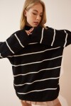 Çizgili Oversize Uzun Triko Kazak SİYAH LYY0088