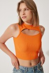 Cut Out Detaylı Fitilli Crop Örme Bluz ORANJ LKH0004