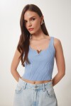 Gold Aksesuarlı Crop Fitilli Triko Bluz GÖK MAVİ LKİ0028
