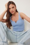 Gold Aksesuarlı Crop Fitilli Triko Bluz GÖK MAVİ LKİ0028