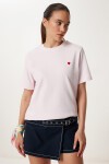 Kalp Nakışlı Pamuklu Örme T-shirt PUDRA LUS0145