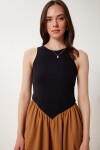 Örme Üstlü Poplin Etekli Yazlık Elbise SİYAH CAMEL LUS0140