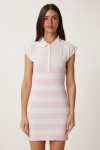 Polo Yaka Çizgili Yazlık Triko Elbise PEMBE KEMİK LKİ0033