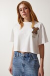 Ayıcık Armalı Crop Örme T-shirt EKRU LHF0036