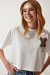 Ayıcık Armalı Crop Örme T-shirt EKRU LHF0036