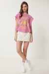 Baskılı Yıkamalı Pamuklu Örme T-shirt PEMBE LUS0087