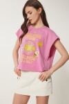 Baskılı Yıkamalı Pamuklu Örme T-shirt PEMBE LUS0087