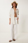 Çizgili Oversize Keten Gömlek KREM LMX0081