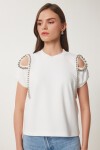 Cut Out Detaylı Boncuk İşlemeli Örme T-shirt KEMİK LHC0007