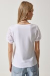 Güpür Kollu Pamuklu Basic Örme T-shirt BEYAZ LVF0001
