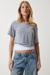 Kayık Yaka Basic Crop Örme T-shirt GRİ MELANJ LOW0037