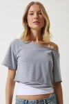 Kayık Yaka Basic Crop Örme T-shirt GRİ MELANJ LOW0037