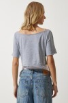 Kayık Yaka Basic Crop Örme T-shirt GRİ MELANJ LOW0037