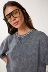 Taş Detaylı Yıkamalı Pamuklu Örme T-shirt ANTRASİT LHC0014