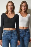 V Yaka 2li Paket Crop Örme Bluz SİYAH BEYAZ LUB0092