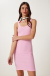 Askılı Saran Esnek Fitilli Örme Elbise PEMBE LKB0013