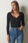Düğmeli Yaka Fitilli Crop Örme Bluz SİYAH LLD0004