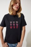 Kalp Nakışlı Pamuklu T-shirt SİYAH LMP0001