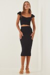 Triko Volanlı Crop Etek Takım SİYAH LKİ0013