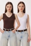 2’li Paket V Yaka Fitilli Örme Bluz KAHVERENGİ BEYAZ LRN0028