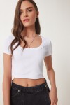 Basic Fitilli Crop Örme Bluz BEYAZ LUS0109