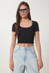 Basic Fitilli Crop Örme Bluz SİYAH LUS0109