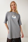 Baskılı Oversize Örme Elbise GRİ LUB0118