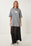 Baskılı Oversize Örme Elbise GRİ LUB0118