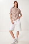 Çizgili Oversize Viskon T-shirt BİSKÜVİ BEYAZ LRN0041