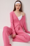 Düğmeli Fitilli Örme Hırka Pijama Takımı PEMBE LRN0017
