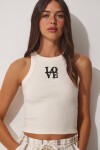 Halter Yaka Nakışlı Fitilli Crop Örme Bluz KREM LUS0044