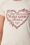 Kalp Baskılı Taşlı Örme T-shirt KREM LUS0115