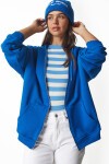 Kapüşonlu Fermuarlı Oversize Şardonlu Örme  Sweatshirt MAVİ LUB0002