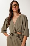 Keten Crop Bluz Pantolon Takım HAKİ LRV0107