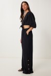 Keten Crop Bluz Pantolon Takım SİYAH LRV0107