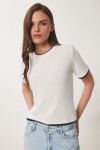 Kontrast Şerit Detaylı Örme T-shirt KEMİK SİYAH LUS0111
