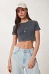 Soluk Efektli Crop Örme T-shirt ANTRASİT LUS0112