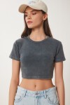 Soluk Efektli Crop Örme T-shirt ANTRASİT LUS0112