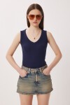 V Yaka Basic Fitilli Örme Bluz LACİVERT LRN0029