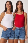 2li Fitilli Crop Halter Yaka Örme Atlet KIRMIZI BEYAZ LZV0003