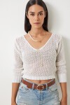 Ajurlu Yazlık Crop Triko Bluz EKRU LYY0008