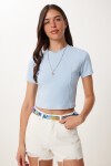 Basic Crop Esnek Örme T-shirt GÖK MAVİ LUS0160