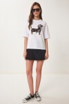 Baskılı Oversize Örme T-shirt BEYAZ LZV0062
