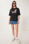 Baskılı Oversize Örme T-shirt SİYAH LZV0062