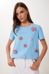 Çiçek Aksesuarlı Pamuklu Esnek Örme T-shirt MAVİ LVW0007