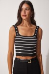 Çizgili Crop Triko Bluz SİYAH LYY0009