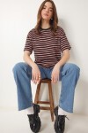 Çizgili Oversize Örme T-shirt KAHVERENGİ LCR0124