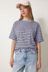 Çizgili Oversize Örme T-shirt MAVİ LCR0124