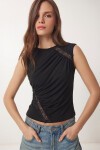 Dantel Detaylı Büzgülü Sandy Örme Bluz SİYAH LZH0026