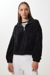 Fermuarlı Peluş Sweatshirt SİYAH LZV0019